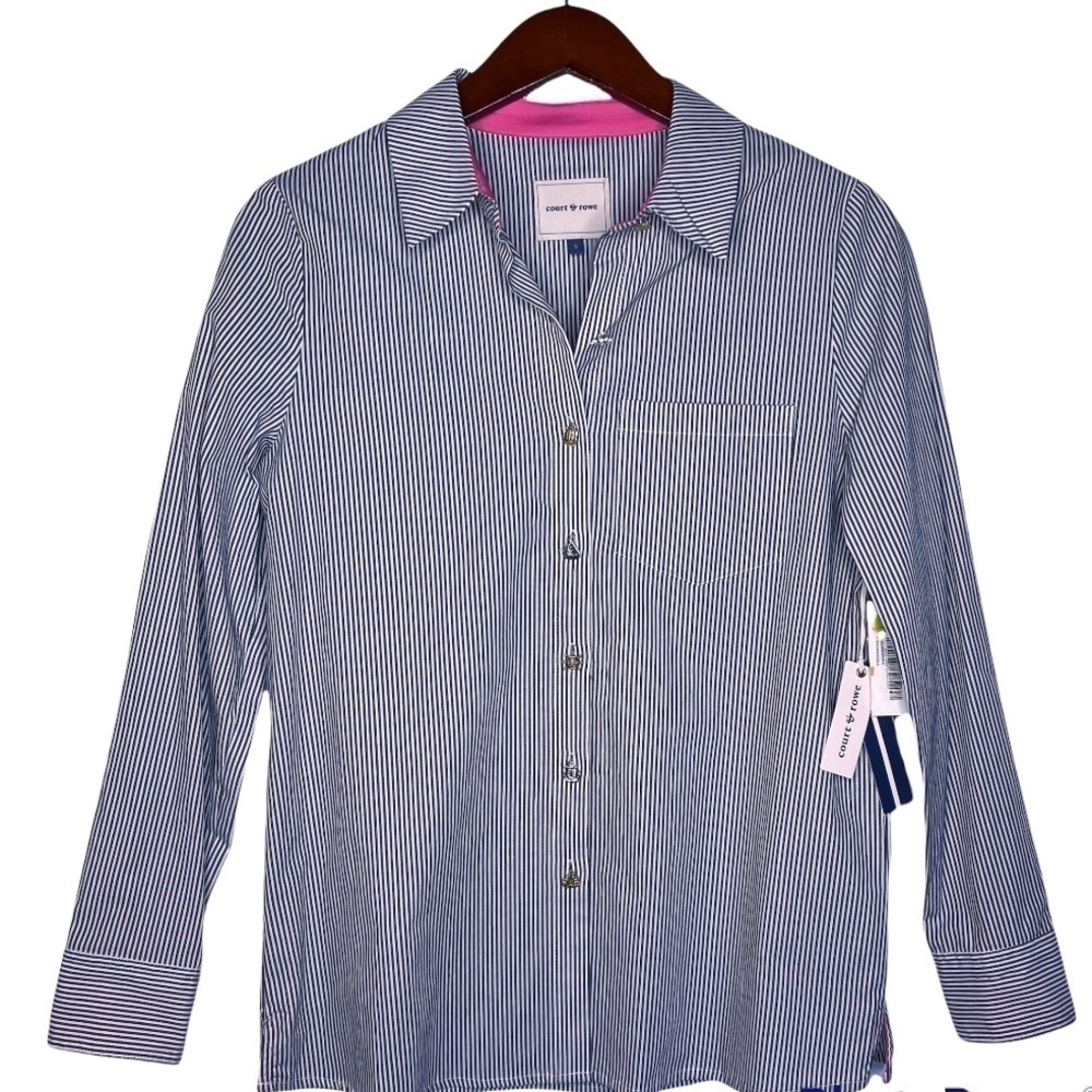 COURT & ROWE NWT Striped Nautical Button Front Shirt Size Small in Navy Stripe